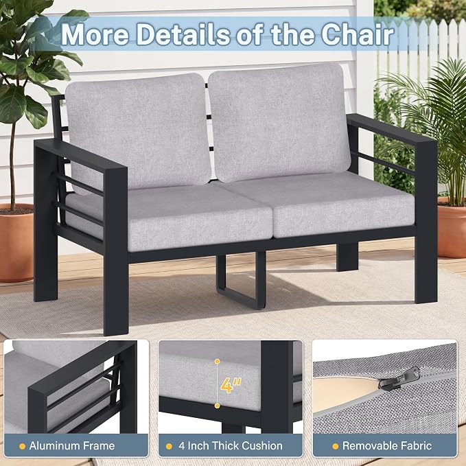 Patio Furniture Aluminum Loveseat, Modern Patio Patio Furniture with 3.54” Wide Seat and Thick Cushions, All-Weather Outdoor 2 Seats Sofa Couch for Deck, Porch