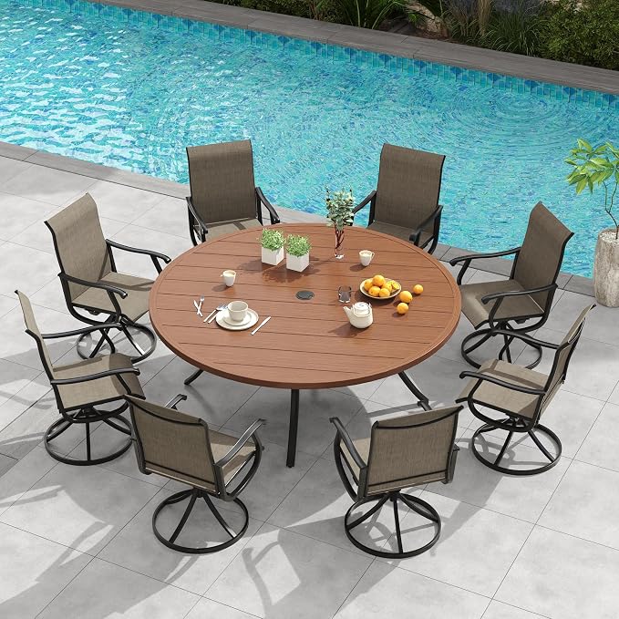 VICLLAX 9 Pieces Outdoor Patio Dining Set, 60" Round Wrought Iron Metal Outdoor Table with Umbrella Hole and 8 Swivel Textilene Chairs for Lawn,Garden,Porch,Walnut/Brown