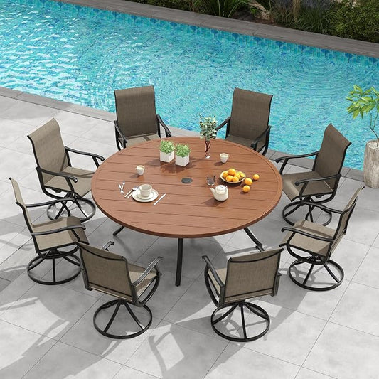 VICLLAX 9 Pieces Outdoor Patio Dining Set, 60" Round Wrought Iron Metal Outdoor Table with Umbrella Hole and 8 Swivel Textilene Chairs for Lawn,Garden,Porch,Walnut/Brown