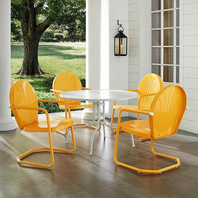 Crosley Furniture Griffith 5-Piece Outdoor Dining Set for 4, Retro Metal Round Patio Table and Chairs, White and Tangerine