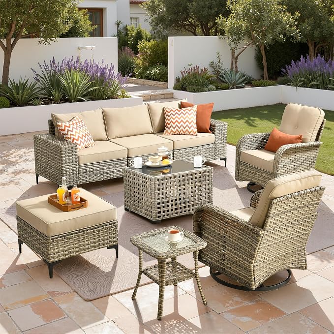 Patio Furniture Set, 8 Pieces Outdoor Wicker Conversation Sets with 2 Wicker Rocking Chair & Coffee Table Outdoor Sectional Sofa for Balcony Backyard Poolside Garden Lawn (Beige)