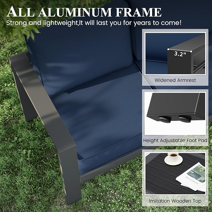 Aluminum Patio Furniture,Outdoor Metal Sectional Sofa with Table and Waterproof Covers,Grey and Blue Modern Patio Furniture Set for Garden Backyard (8-Piece)