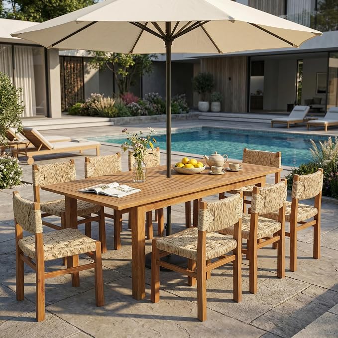 Christopher Knight Home Dudu 9-Piece Outdoor Dining Set Acacia Wood, Expandable Table with Umbrella Hole and 8 Wicker Chairs, Patio Dining Furniture Set for Garden/Backyard, Light Grey+Teak+Natural