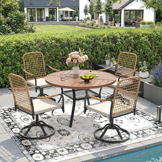 DIFY 5 Pieces Outdoor Dining Set, Metal Patio Table and Chairs Set for 4, 40.6" Round Dining Table with Umbrella Hole & Wicker Swivel Patio Chairs with Cushions, Walnut Tabletop
