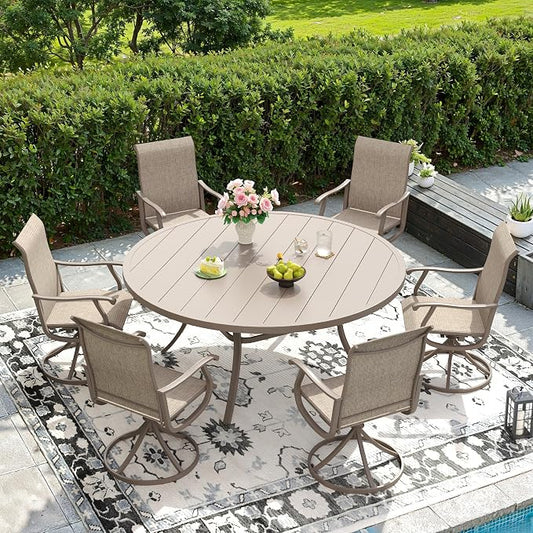 DIFY Outdoor Dining Set for 6, 7 Piece Patio Table and Chairs Set, Swivel Patio Dining Chairs with Textilene Fabric & 53" Round Metal Dining Table with Umbrella Hole, for Garden Backyard, Sandshell