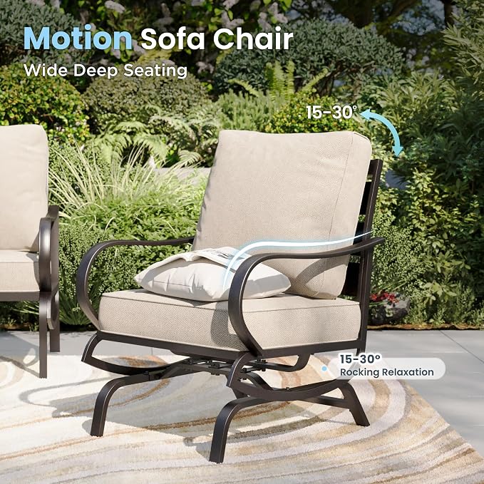 PHI VILLA 5 Pcs Patio Furniture Set with 1 x 72 Padded Deep Seating Bench Sofa, 2 x Cushioned C-Base Sofa Chairs and 2 x Metal Cushioned Ottoman, Outdoor Deluxe Furniture Patio Set for Backyard