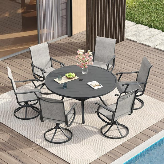 VICLLAX Patio Dining Set for 6, 7 Pieces Outdoor Furniture Includes 47.2" Round Patio Table with Umbrella Hole and 6 Outdoor Swivel Chairs for Lawn Garden, Grey Tabletop and Grey Fabric