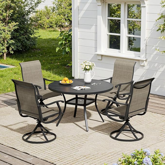 VICLLAX 5 Pieces Outdoor Dining Set, Patio Furniture Set of 4 Patio Swivel Dining Chairs and 41" Patio Round Table with Storage Shelf, Mixed Brown Chairs & Black Tabletop