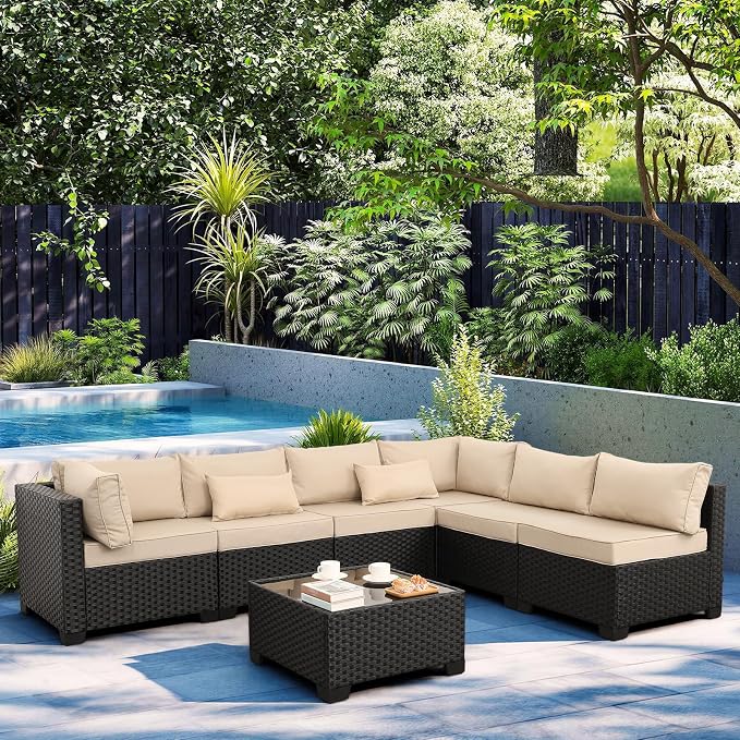 Lviden 7 Pieces Outdoor PE Wicker Furniture Set Patio Rattan Sectional Conversation Sofa Set with Khaki Cushions and Glass Top Table