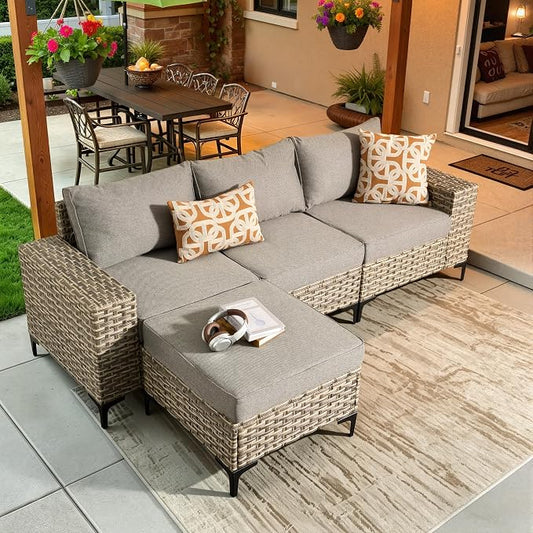 4-Piece Wicker Outdoor Sectional Furniture, Wide Armrest L-Shaped Patio Couch Set with Ottoman, Modern Modular Conversation Sets with Thick Cushion for Backyard Porch Balcony, Dark Gray