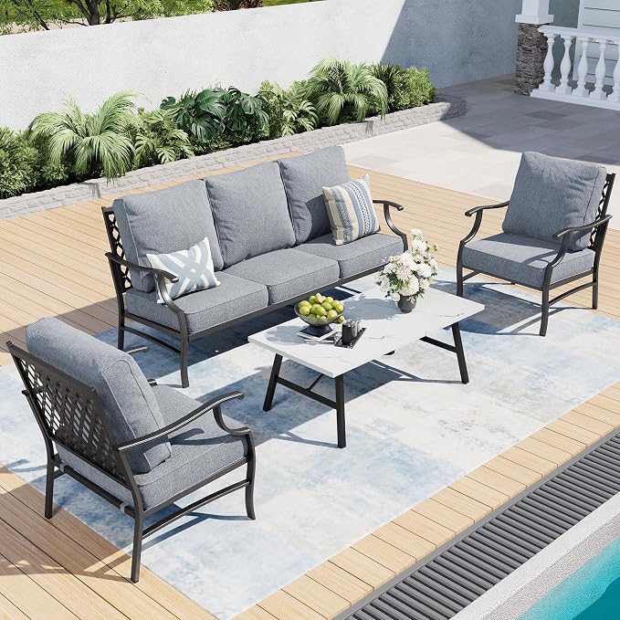 SUNSHINE VALLEY 4 Piece Metal Outdoor Patio Furniture Sets, Patio Conversation Sets 1 3-seater Sofa, 2 Fixed Chair with 5.75" Extra Thick Cushion and Coffee Table, Black Frame Backyard Furniture, Gray