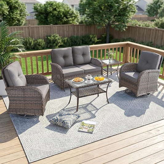 5 Piece Patio Furniture Set - Wicker Patio Conversation Set with Swivel Glider, Loveseat Bench, Tempered Glass Side Table and Coffee Table for Deck Backyard - Brown Wicker Grey Cushion