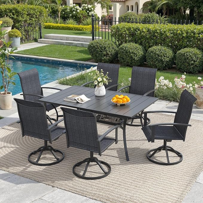 7 Pieces Outdoor Patio Dining Set, 59.2" All Weather Rectangle Metal Table with Umbrella Hole and Storage Shelf, 6 High Back Textilene Swivel Chairs for Garden, Lawn, Black