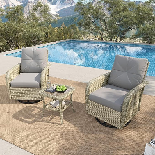 LazySunsets 3 Piece Outdoor Patio Furniture Set, Wicker Rattan Outdoor Furniture with High Back Swivel Rocker Chairs, Outdoor Sofa Set with Thick Cushions & Side Table, Grey