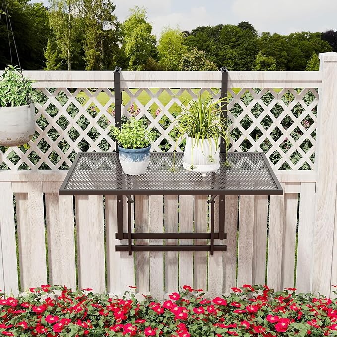 HAPPYGRILL Balcony Railing Table, Outdoor Folding Hanging Table with 5 Adjustable Heights, Heavy Duty Metal Hanging Bar Table for Patio, Garden and Deck