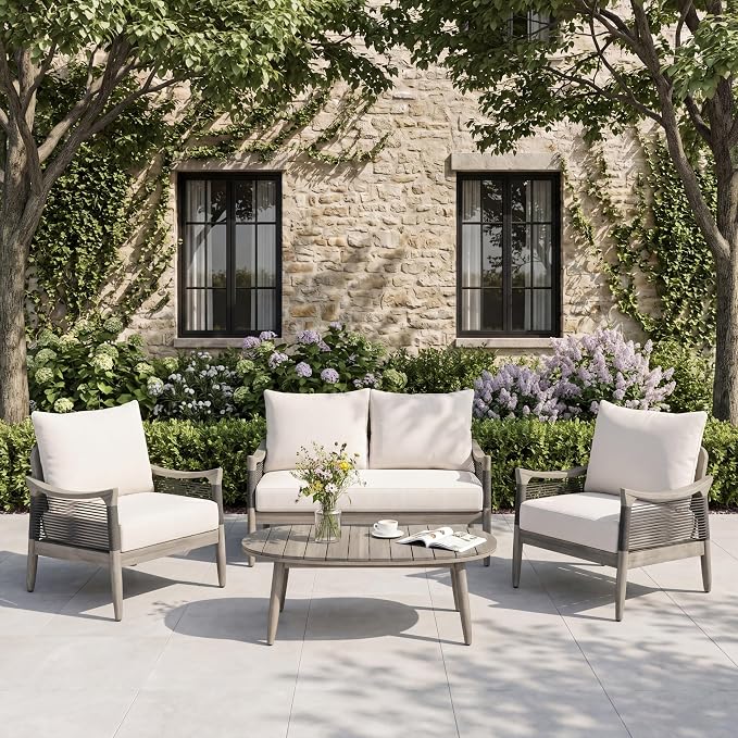 Christopher Knight Home Havets 4 Piece Patio Conversation Sets, Outdoor Acacia Wood Patio Seating Group,Woven Rope Loveseat Chairs with Cushions and Coffee Table for Porch Backyard Balcony, Gray+Beige