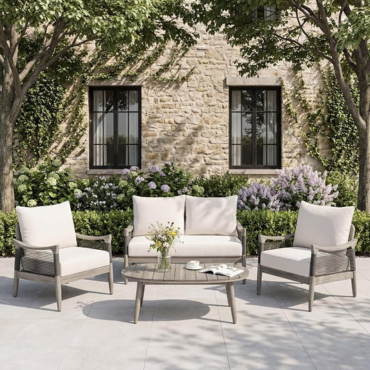 Christopher Knight Home Havets 4 Piece Patio Conversation Sets, Outdoor Acacia Wood Patio Seating Group,Woven Rope Loveseat Chairs with Cushions and Coffee Table for Porch Backyard Balcony, Gray+Beige