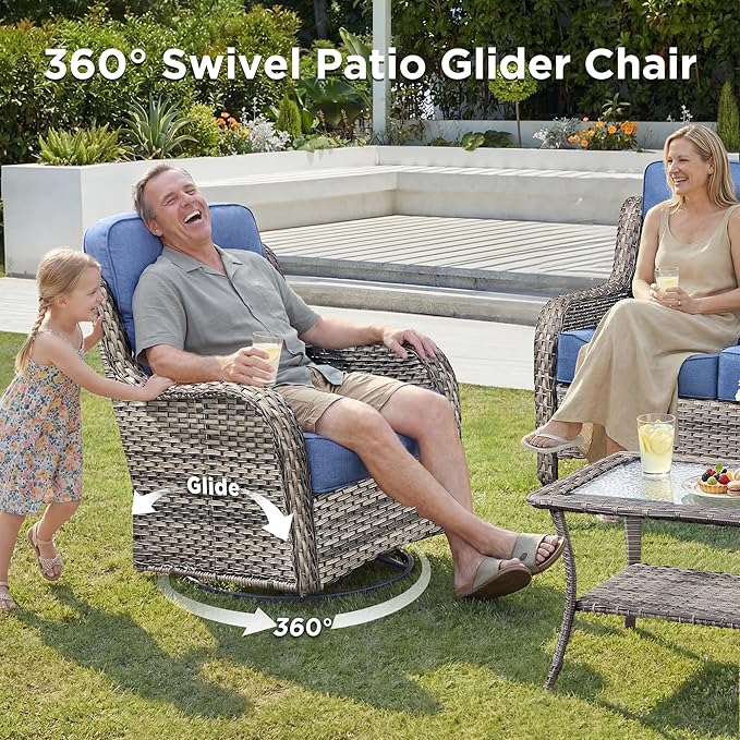 Luxury Outdoor Swivel Rocker Patio Chairs-4 Pieces High Back Swivel Rocker Patio Chairs with Thick Cushions All Weather Wicker Outdoor Furniture Set for Deck Porch Balcony(Grey/Blue)