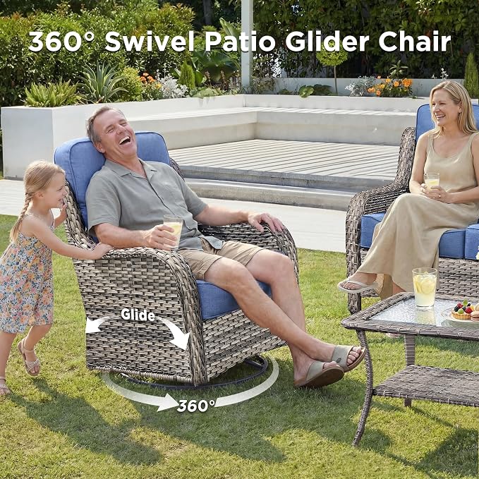 Luxury 5 Pieces Outdoor Patio Furniture Set-All Weather Wicker Outdoor Furniture with Swivel Rocker Patio Chairs 6-inch Extra Thick Cushions Wicker Conversation Set for Garden Porch(Grey/Blue)
