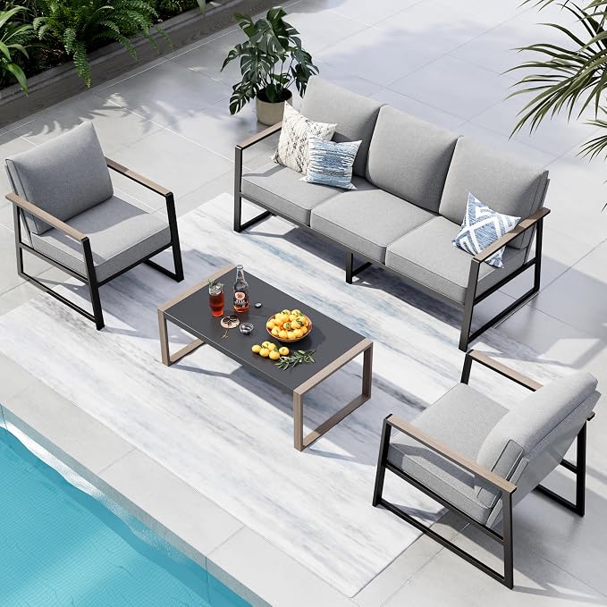 PHI VILLA Metal Patio Furniture Set,5 Seats Outdoor Patio Conversation Set,All Weather Outdoor Couch Set Patio Sofa Set with Coffee Table,Black Frame with Textilene Cushion（Backyard ICON Collection）