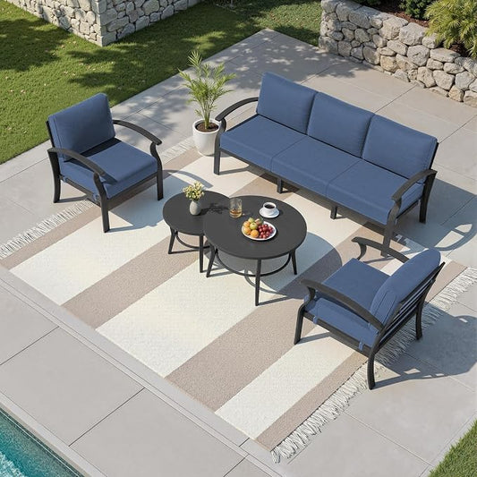 Kullavik Aluminum Patio Furniture Set,4 Piece Modern Metal Outdoor Patio Furniture w/5.1'' Thick Cushion and Round Coffee Table,Patio Conversation Sets for Porch,Deck,NavyBlue