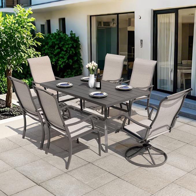 NUU GARDEN 7-Piece Outdoor Dining Table Set, All Weather Table with Umbrella Hole & 6 Patio Textilene Chairs - Outdoor Furniture for Porch, Backyard, Garden, Poolside and Deck
