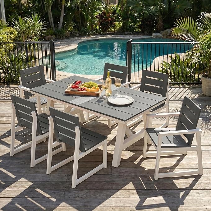 Costaelm Stinson 7-Piece Outdoor HDPE Patio Dining Table Set with Umbrella Hole & Dining Chairs for 6, Gray