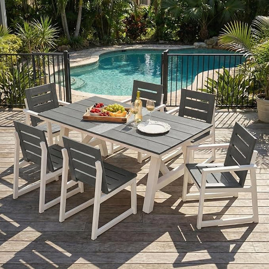 Costaelm Stinson 7-Piece Outdoor HDPE Patio Dining Table Set with Umbrella Hole & Dining Chairs for 6, Gray
