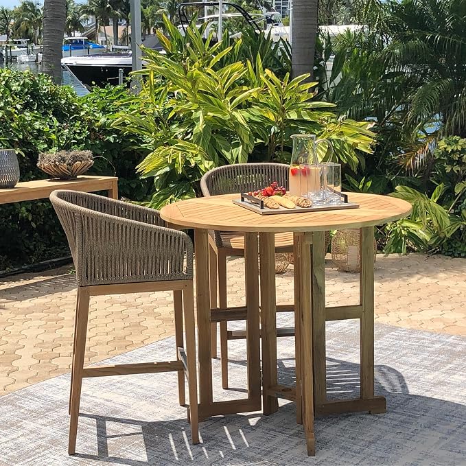 Royal Teak Collection Drop Leaf Bar Table, 45-Inch Folding Outdoor Round Table, Space-Saving, Bar Height, Balcony, Garden or Patio Wooden Teak Outdoor Furniture (BTDL45)