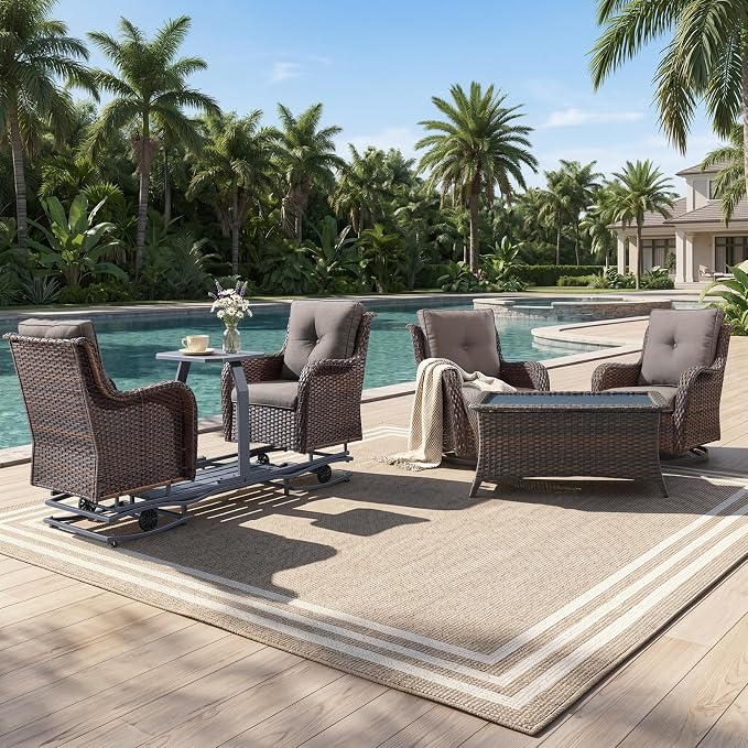 Rilyson Luxury Wicker Outdoor Conversation Set with Glider Rocker Chairs, 4 Pieces Patio Furniture Set with Rattan Swivel Rocker Chairs and Coffee Table All Weather Brown/Grey