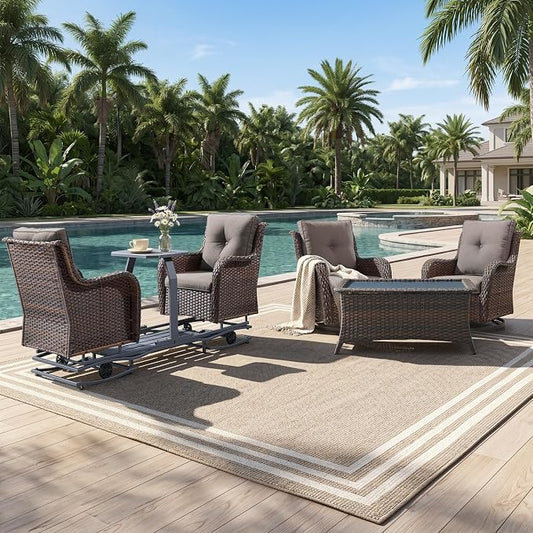 Rilyson Luxury Wicker Outdoor Conversation Set with Glider Rocker Chairs, 4 Pieces Patio Furniture Set with Rattan Swivel Rocker Chairs and Coffee Table All Weather Brown/Grey