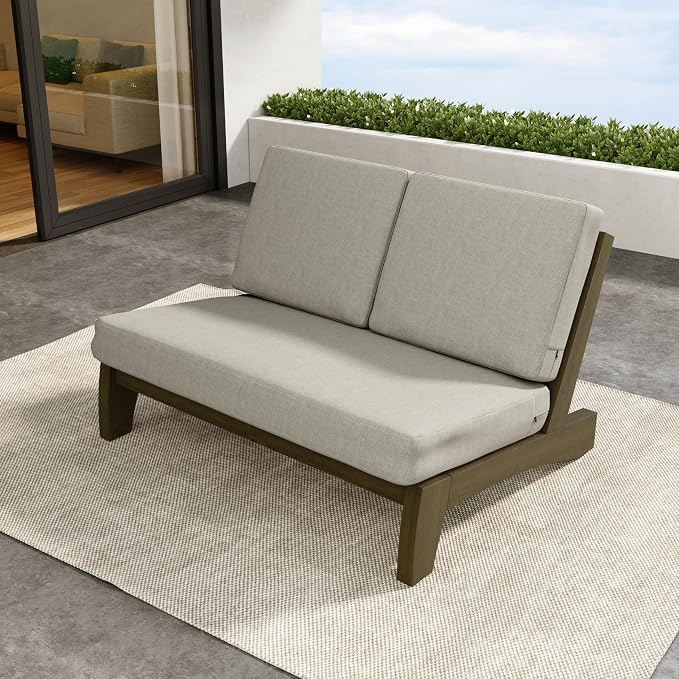 Outdoor Furniture Patio Couch, Weather Resistant Patio Loveseat Sofa Couch with Removable Cushion & Pillows, Teak Wood Frame for Porch & Backyard Seating - Light Camel