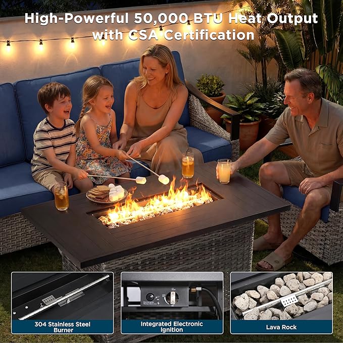 Patio Furniture Set with 42.5" Fire Pit Table-7 Pieces All Weather Wicker Outdoor Furniture with High Back Swivel Patio Chairs Set of 2 Outdoor Patio Conversation for Deck Garden Blue/Gray