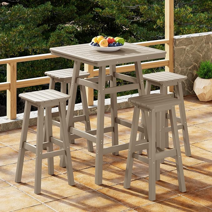 Costaelm Outdoor Bar Table, 42" Counter Height Square Patio Cocktail Bar Table with Umbrella Hole, Patio Bistro Dining Pub Table for Front Porch Deck Backyard Garden, Weathered Wood