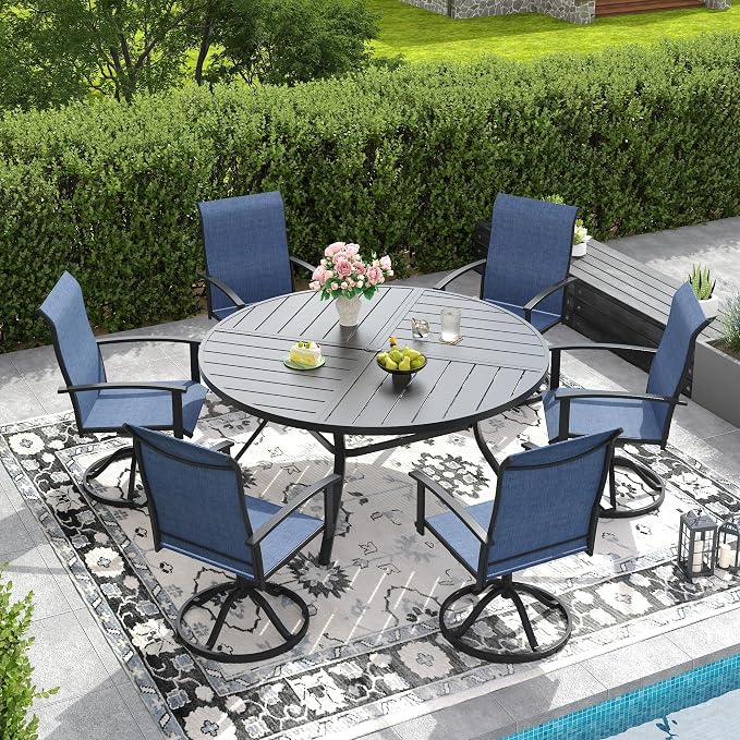 DIFY 7 Pieces Outdoor Dining Set, Metal Patio Table and Chairs Set for 6 with Umbrella Hole, 53.1" Black Round Table and Blue Textilene Swivel Patio Chairs for Garden, Backyard, Poolside