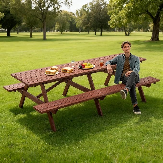 Hohuqeri Wood Picnic Table, 94.5" Tabletop with Umbrella Hole, 12 Person Outdoor Wooden Picnic Table Bench Set for Patio, BBQ, Dining, Brown