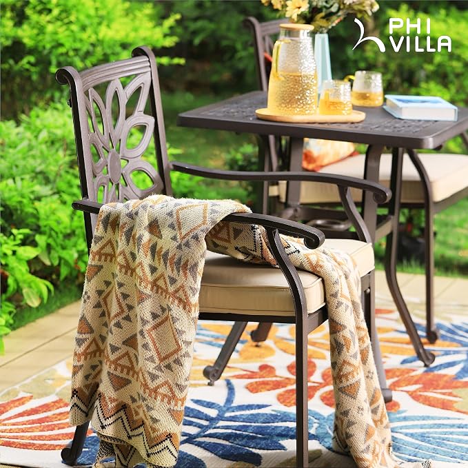 PHI VILLA 3-Piece Patio Bistro Set, 32" Round Cast Aluminum Table, Bronze | Cushions Chairs, Fixed Chairs, Umbrella Hole, All-Weather Use, Armrests