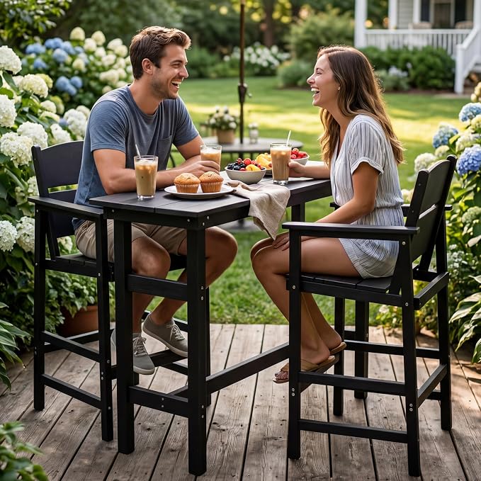 Outdoor Bar Table Set 3 Piece, HDPE Patio Bar Height Furniture Set with 2 Chairs, Small Space Patio Furniture, Weather Resistant Balcony Bistro Set for Garden, Deck, Porch, Premium Black