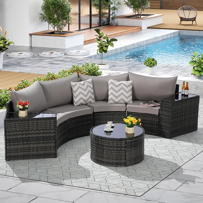 Eafurn 7 Pieces Outdoor Patio Conversation Furniture Sets All Weather Wicker PE Rattan Half-Moon Curved Sectional Sofa with Round Coffee Table, 4 Pillows & Waterproof Cover for Backyard
