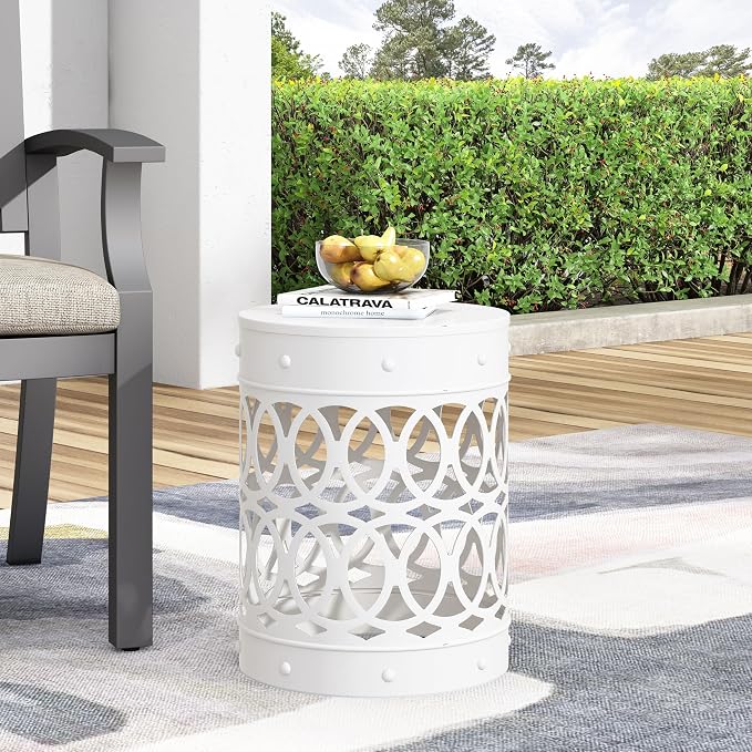 Outdoor Metal End Table Large, White Iron Side Table with Geometric Cut Design, Round Patio Accent Table No Assembly Required, Weather Resistant for Garden Balcony Porch (White)
