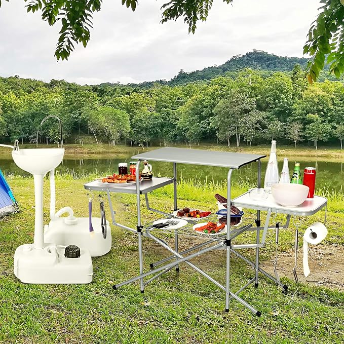 Goplus Folding Grill Table, Aluminum Camping Table with 26'' Main Tabletop, Hooks and Carry Bag, Portable Picnic Table Grill Stand for Outdoor Tailgating BBQ Beach Backyard RV