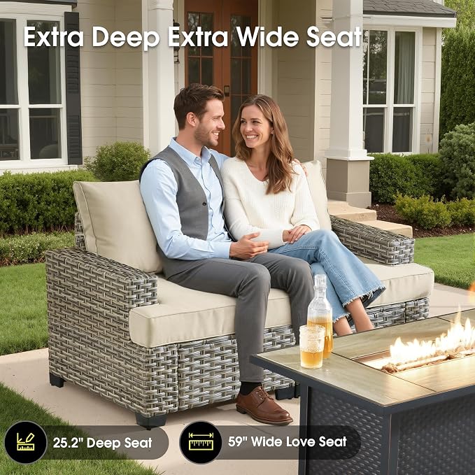 Rattan Patio Furniture Set with Swivel Chairs,9 Pieces Outdoor Sectional with Ottoman Glowing Coffee Table,Out Door Furniture Conversation Set,Beige