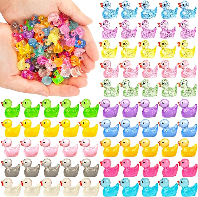 FEXIA 100pcs Mini Ducks Glitter Resin Tiny Ducks Animals Figures to Hide Glow in the Dark Duck Figures for Dollhouse Aquarium Fairy Garden Decor