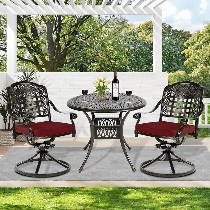 MEETWARM 3-Piece Outdoor Patio Dining Set, All-Weather Cast Aluminum Patio Conversation Set, 2 Cushions Swivel Rocker Chairs and 35.4" Round Table for Backyard Garden Deck, Umbrella Hole, Chili Red