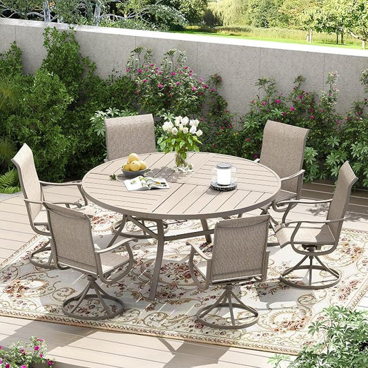 7 Pieces Patio Furniture Dining Set, 6 Textilene Swivel Dining Chairs, 53" Outdoor Round Metal Table with 1.57" Umbrella Hole, Outdoor Dining Set for Porch, Lawn, Garden, Sand/Sand
