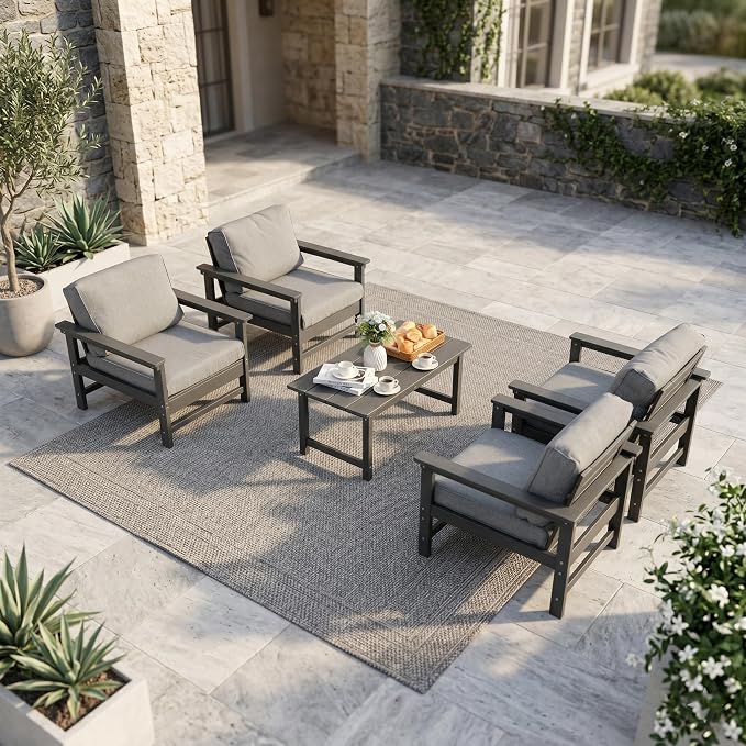 5-Piece Outdoor Patio Furniture Set, HDPE Conversation Set with 4 Ergonomic Armchairs & Large Coffee Table, Waterproof & UV-Resistant Outdoor Chairs with Cushions for Garden, Deck