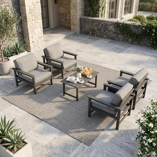 5-Piece Outdoor Patio Furniture Set, HDPE Conversation Set with 4 Ergonomic Armchairs & Large Coffee Table, Waterproof & UV-Resistant Outdoor Chairs with Cushions for Garden, Deck