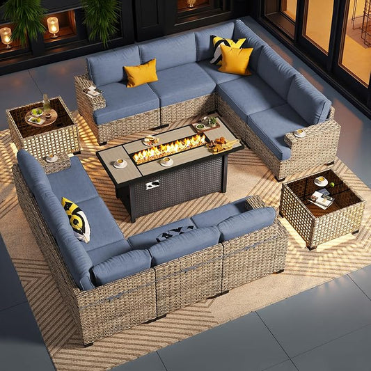 CAODOC Outdoor Sectional Patio Furniture Set with Fire Pit Table,13 Pieces Wicker Conversation Sets L Shaped Couch,Extra Deep Out Door Sofa Outside Furniture, Light Blue