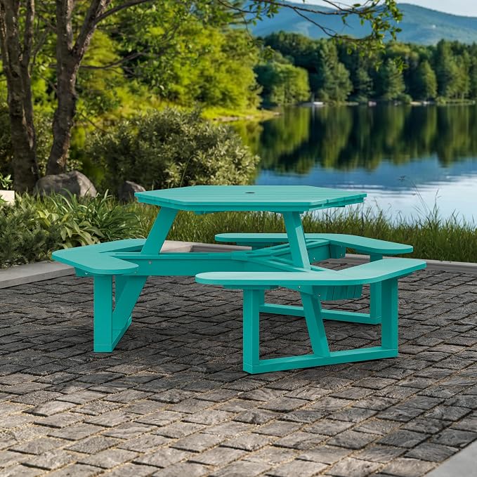 Shoreline Made in USA Hexagon Picnic Table, Seating for 6, Seaglass Blue