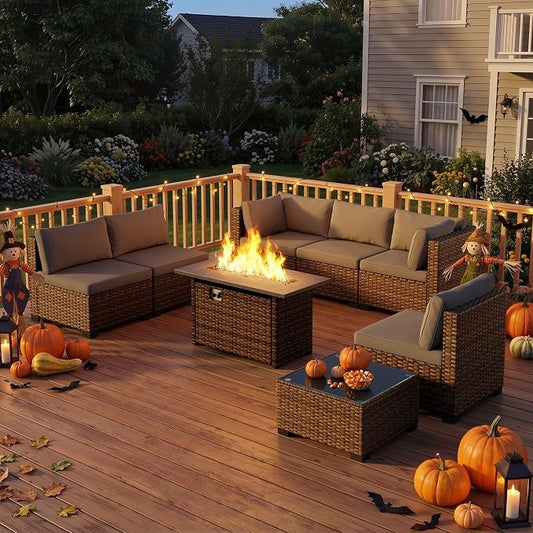 Ahomly 8 Piece Outdoor Patio Furniture Set with 44”Fire Pit Table, Outdoor Wicker Sectional Sofa Conversation Set with Cushions and Glass Coffee Table, for Backyard, Porch, Balcony, Grey